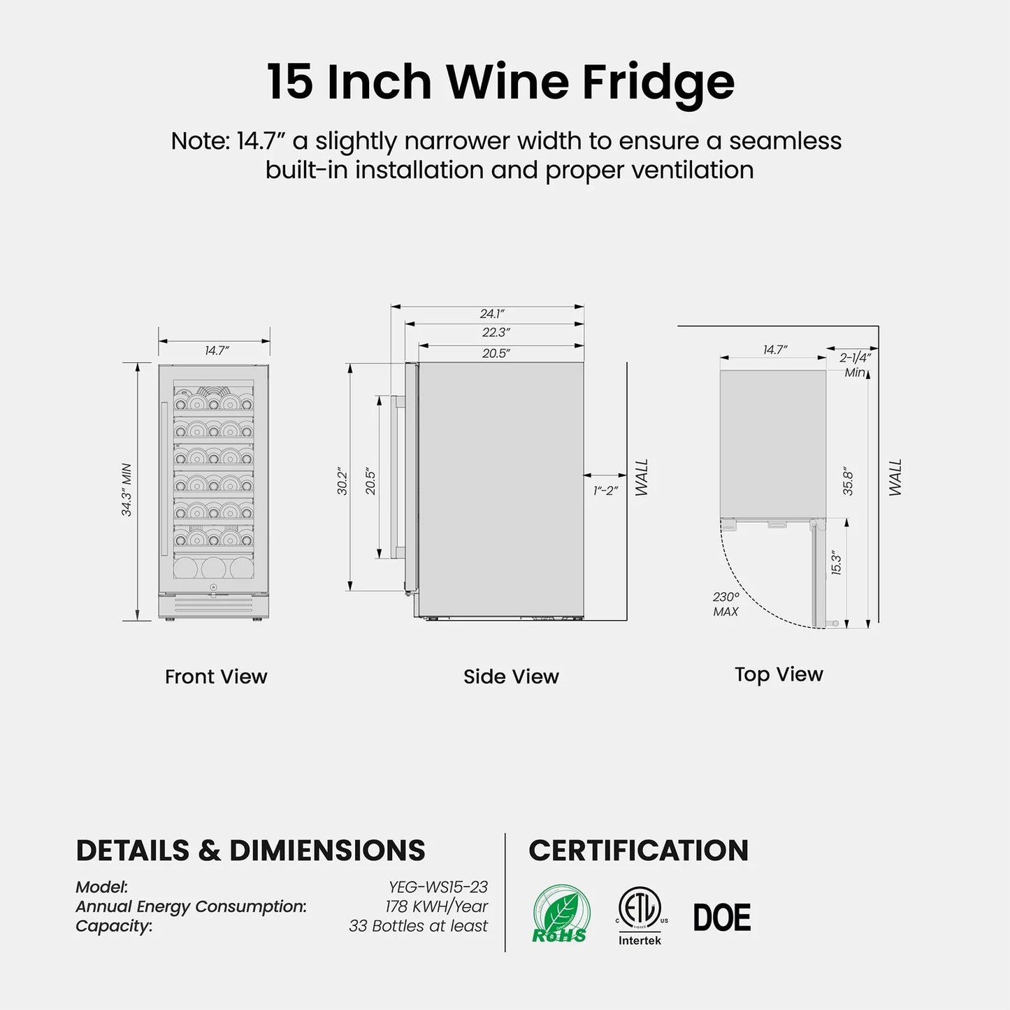 15" Wine Refrigerators, 33 Bottle Wine Fridge,Freestanding & Built-In Wine Cooler