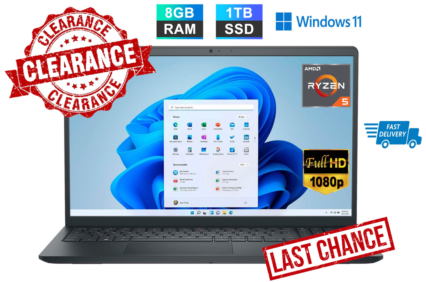 2023 Dell Inspiron 15 Laptop Computer 15.6" FHD AMD Ryzen 5 8GB RAM 1TB SSD