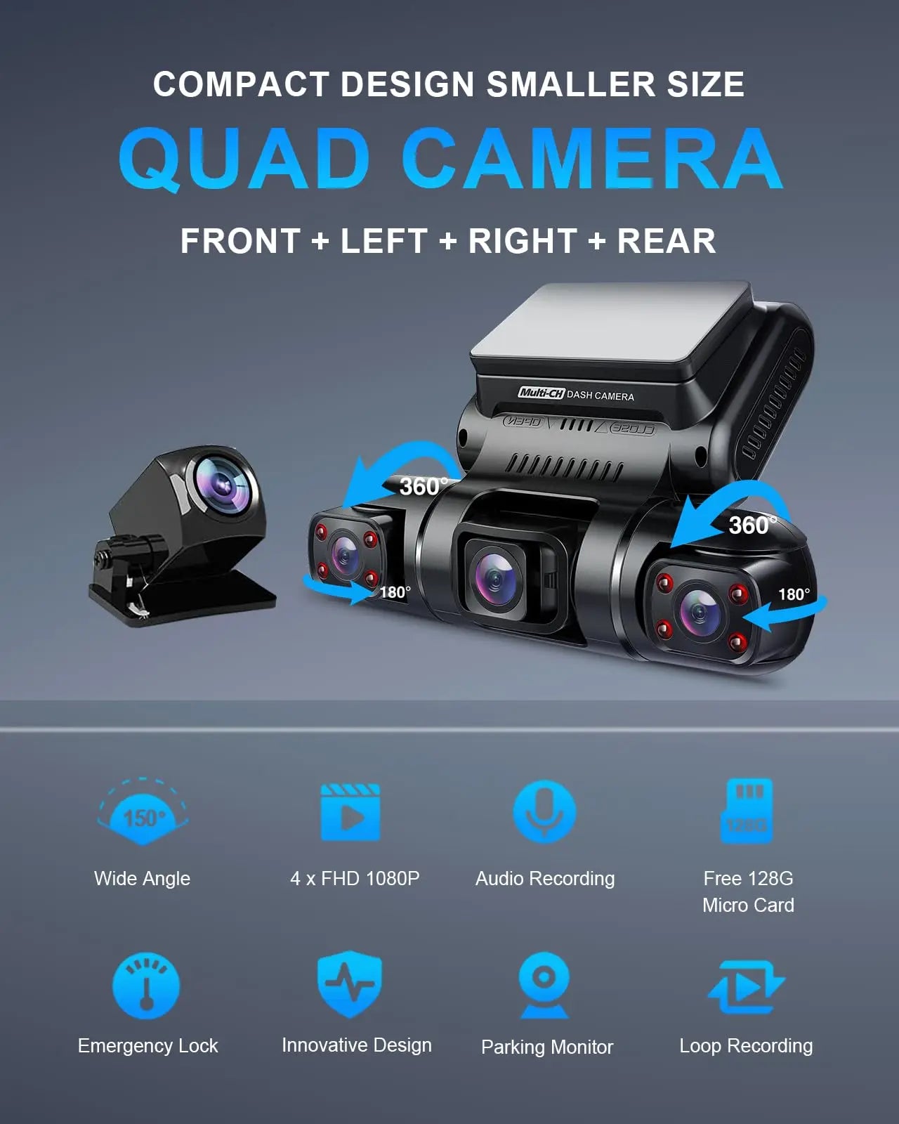 4 Channel Dashcam Built-In GPS Wifi Night Vision 360 Degree View Dash Car Camera Parking Monitor 128G 1080P