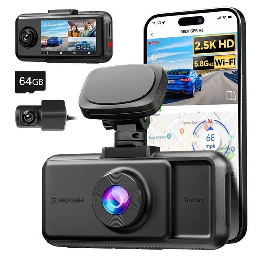 A6 3 Channel Dash Cam, 2.5K+1080P+1080P,Triple Dash Cam with Wifi & GPS, Triple Dash Camera with 64GB Card, Loop Recording, Night Vision, Black