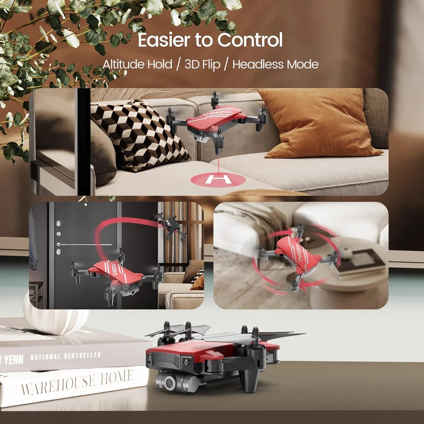 D20-RD D20 Mini Drone for Kids, 720P HD FPV Camera Remote Control 2 Batteries, Red