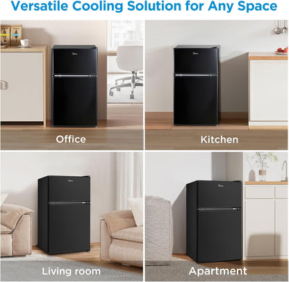 WHD-113FB1 Double Door Mini Fridge with Freezer for Bedroom Office or Dorm with Adjustable Remove Glass Shelves Compact Refrigerator, 3.1 Cu Ft, Black