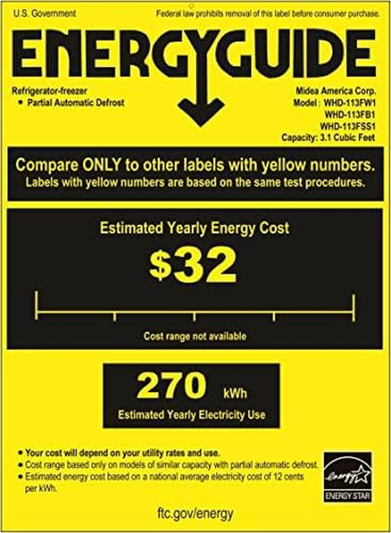 WHD-113FB1 Double Door Mini Fridge with Freezer for Bedroom Office or Dorm with Adjustable Remove Glass Shelves Compact Refrigerator, 3.1 Cu Ft, Black