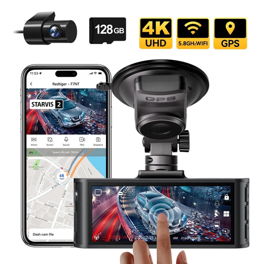 Dash Cam Front and Rear, Touch Screen Dash Camera with Wifi GPS, Voice Control, 4K Dashcam with Super Night Vision, WDR, 24H Parking Mode, Vehicle, Free 128GB Card