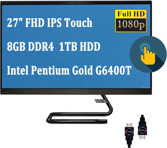 Ideacentre AIO 3 Premium All-In-One Desktop Computer I 27" FHD Touchscreen IPS I Intel Pentium Gold G6400T I 8GB DDR4 1TB HDD I DVD-RW Wifi Bluetooth Webcam Win10 Black + HDMI Cable