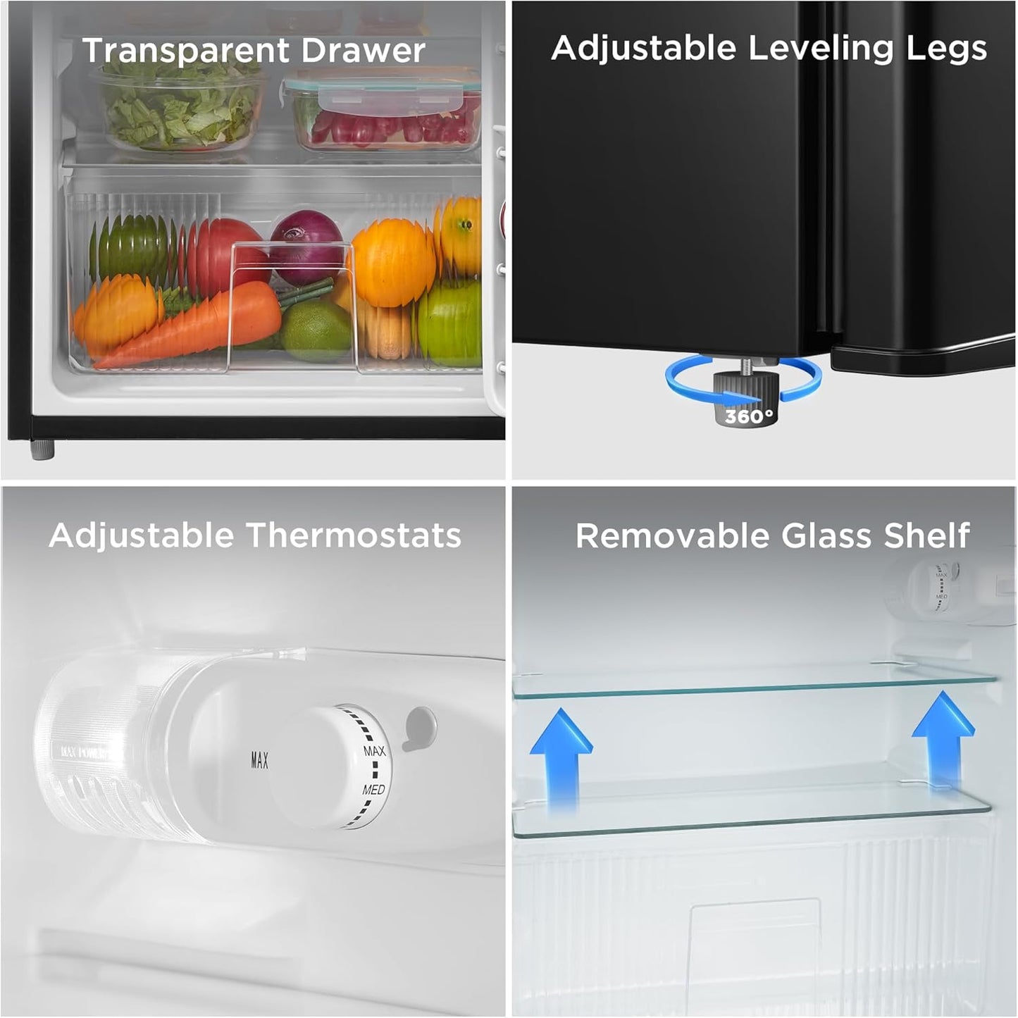 WHD-113FB1 Double Door Mini Fridge with Freezer for Bedroom Office or Dorm with Adjustable Remove Glass Shelves Compact Refrigerator, 3.1 Cu Ft, Black