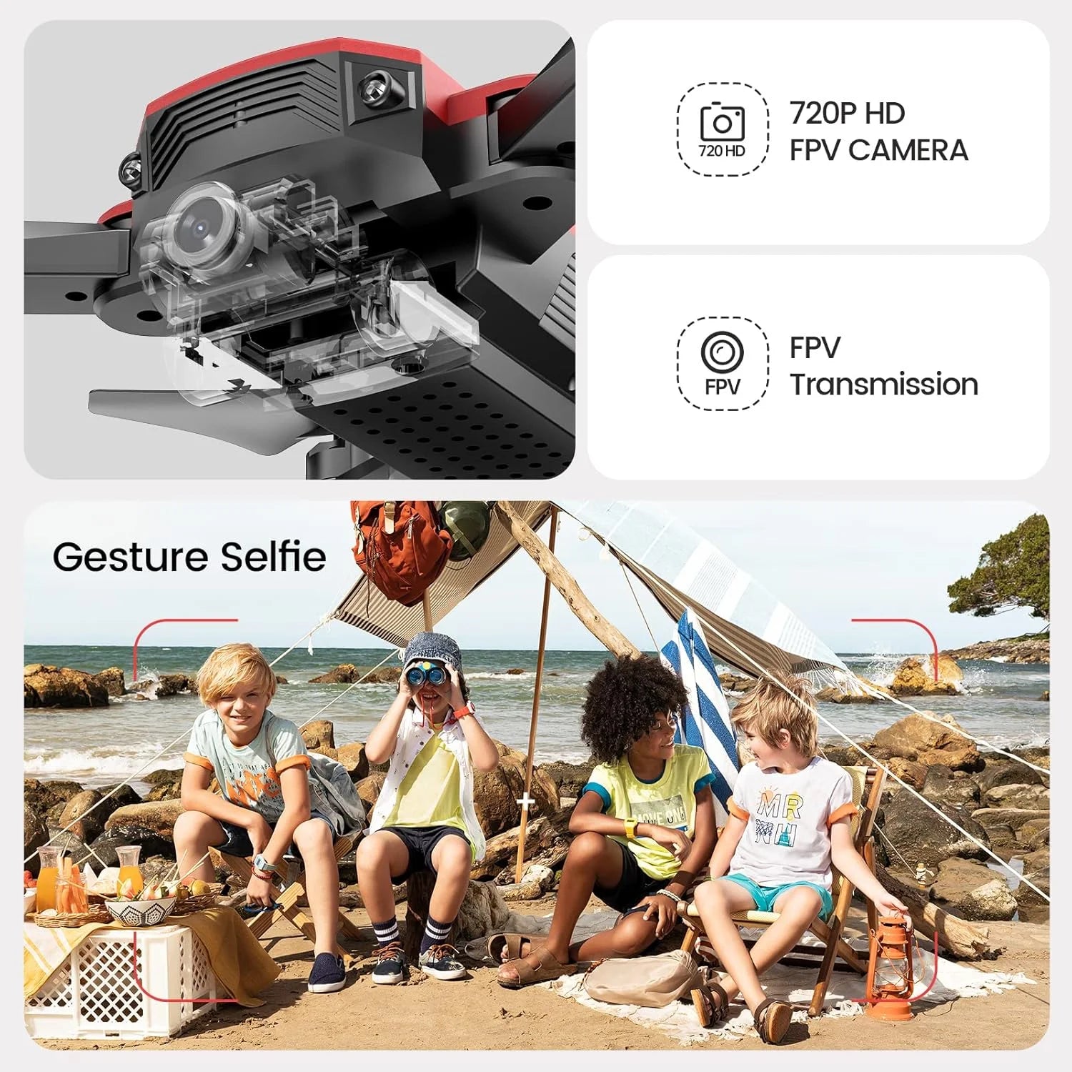 D20-RD D20 Mini Drone for Kids, 720P HD FPV Camera Remote Control 2 Batteries, Red
