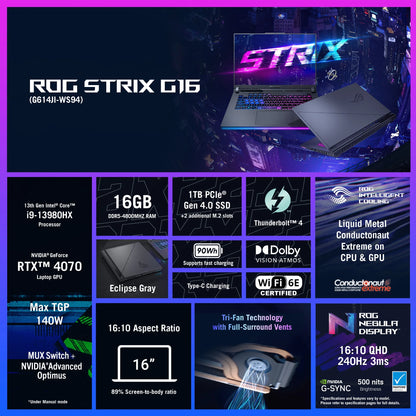 ROG Strix G16 16 Inch QHD Nebula 240Hz Gaming Laptop Intel Core I9-13980Hx NVIDIA Geforce RTX 4070 - 16GB DDR5 1TB SSD Eclipse Gray (2023)