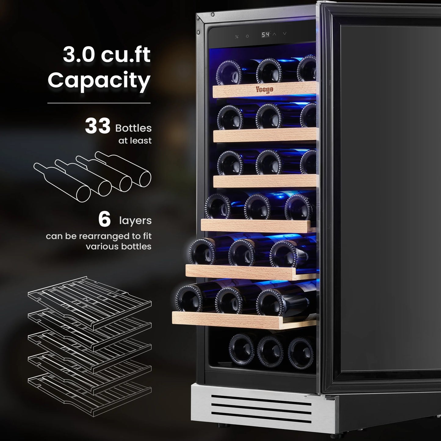 15" Wine Refrigerators, 33 Bottle Wine Fridge,Freestanding & Built-In Wine Cooler