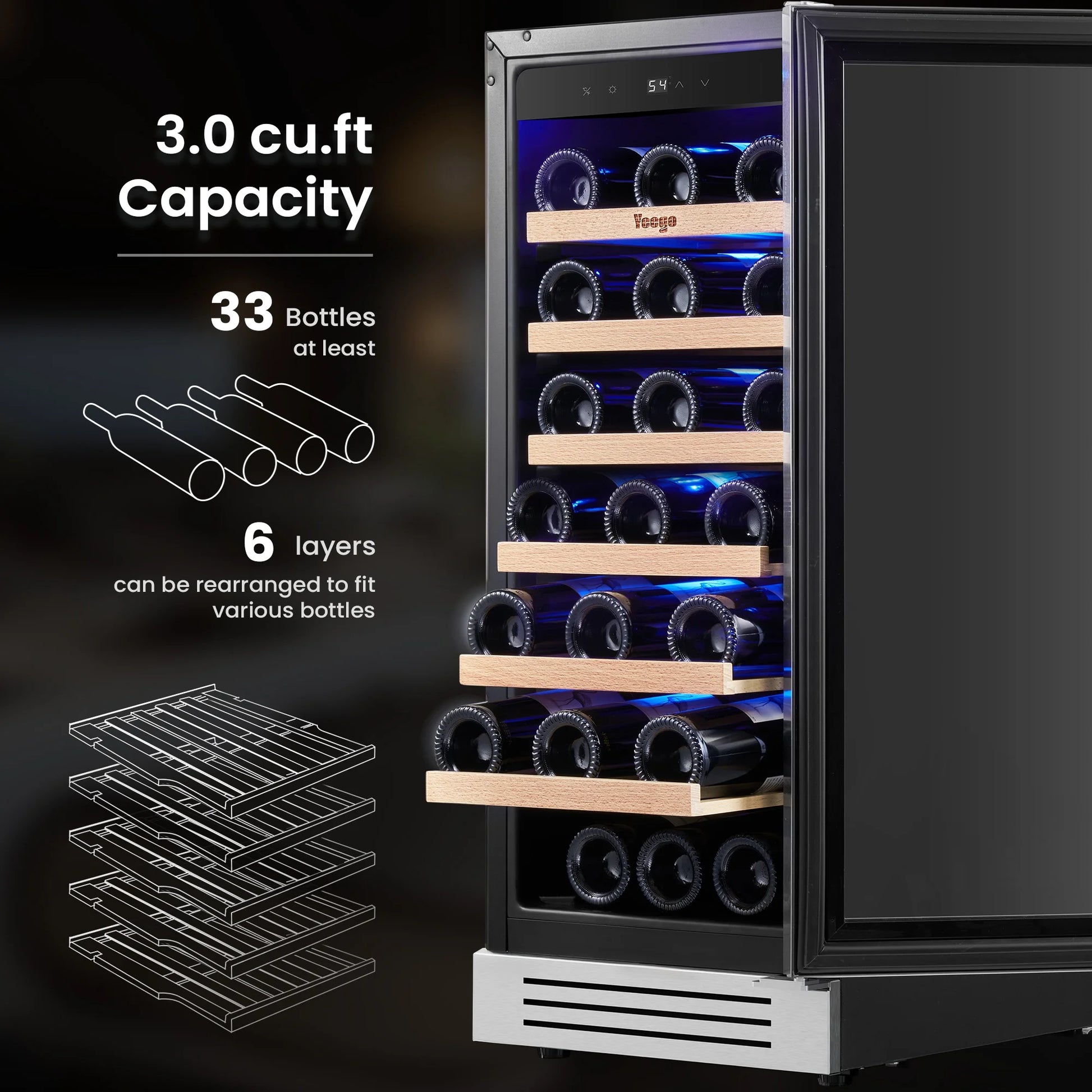 15" Wine Refrigerators, 33 Bottle Wine Fridge,Freestanding & Built-In Wine Cooler