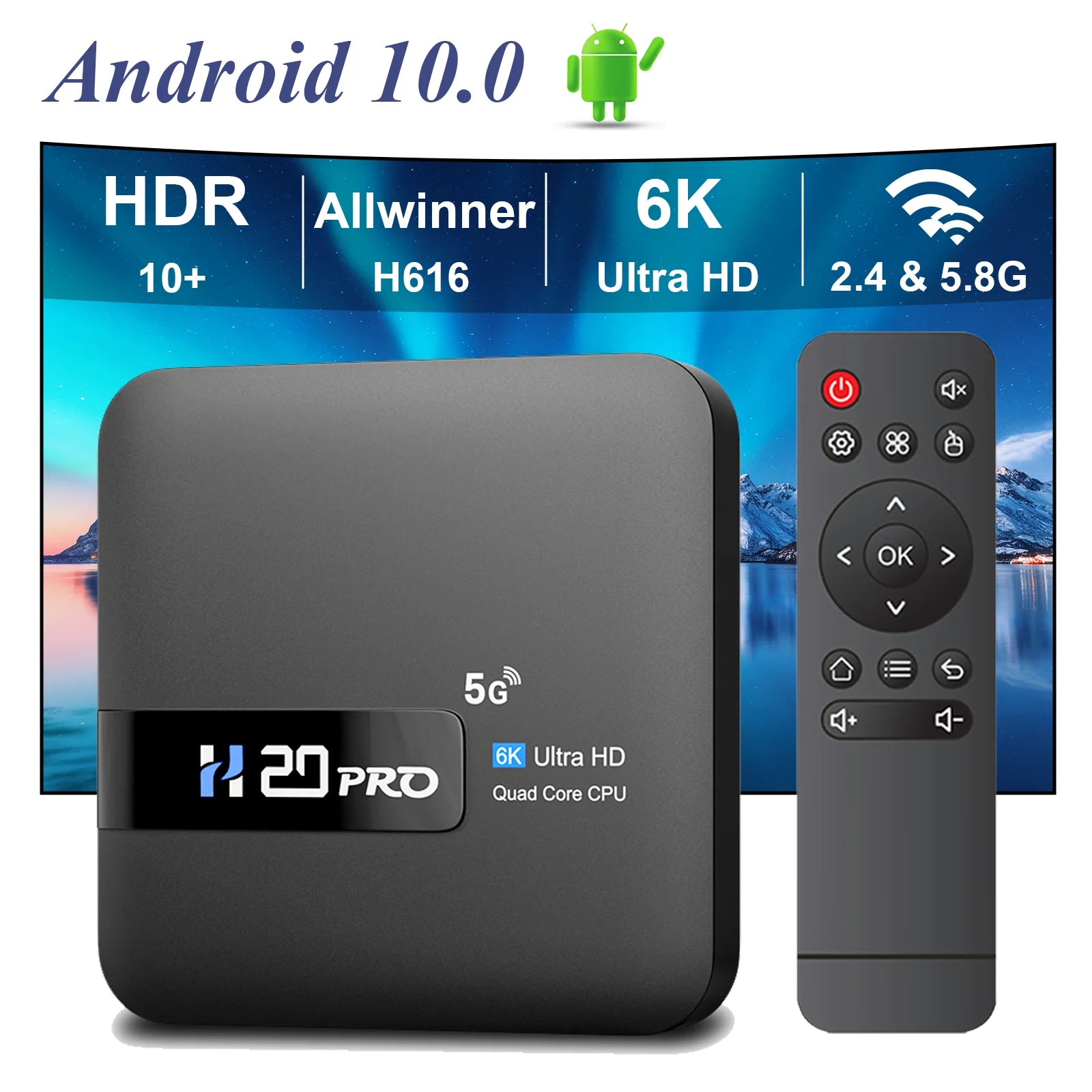 H20PRO Android 10 TV Box 16GB Support 2.4G/5G WIFI 4K HD Video Media Player Android TV Box 1080P Set Top Box