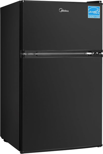 WHD-113FB1 Double Door Mini Fridge with Freezer for Bedroom Office or Dorm with Adjustable Remove Glass Shelves Compact Refrigerator, 3.1 Cu Ft, Black