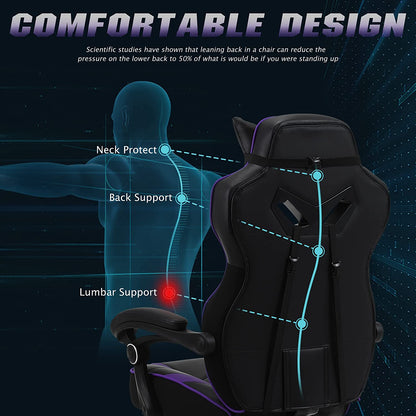 Purple Reclining Computer Chair with Footrest, High Back Gamer Chair with Massage, Large Racing Style Desk Chair for Gaming, Big and Tall Gaming Chairs for Adults