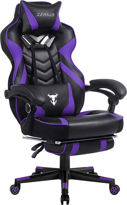 Purple Reclining Computer Chair with Footrest, High Back Gamer Chair with Massage, Large Racing Style Desk Chair for Gaming, Big and Tall Gaming Chairs for Adults