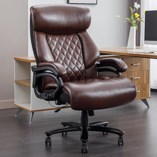 Big and Tall Office Chair 500Lbs Heavy Duty Ergonomic Computer Desk Chair with Arms High Back Adjustable Lumbar Support 360 Swivel Task Chair Executive Leather Chair (Brown)